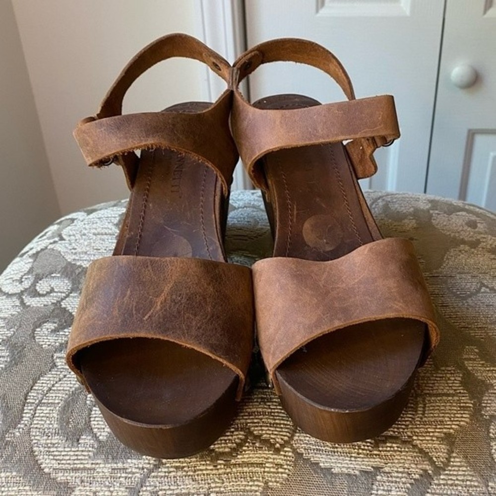 A. Giannetti Italy Brown Leather Open Toe Wood Heels Boho Sandal Shoes size 9.5